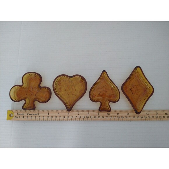 Set VTG Tiara Indiana Glass Amber Card Suits Sandwich Pattern Trinket Candy Dish - Picture 2 of 6